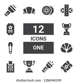 one icon set. Collection of 12 filled one icons included Ticket, Flashlight, Trophy, Croissant, Safety pin, Gum, Kiwi
