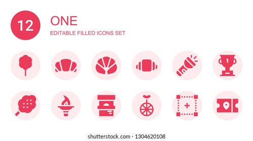 one icon set. Collection of 12 filled one icons included Cotton candy, Croissant, Flashlight, Torch, Ticket, Unicycle, Selection, Trophy