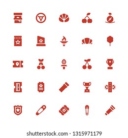one icon set. Collection of 25 filled one icons included Flashlight, Safety pin, Ticket, Police badge, Gum, Trophy, Sharpener, Cherry, Torch, Cotton candy, Croissant, Unicycle
