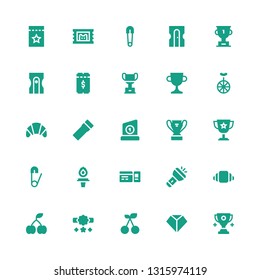 one icon set. Collection of 25 filled one icons included Trophy, Sharpen, Cherry, Reward, Croissant, Flashlight, Ticket, Torch, Safety pin, Unicycle, Sharpener