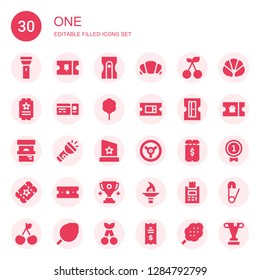 one icon set. Collection of 30 filled one icons included Flashlight, Ticket, Sharpener, Croissant, Cherry, Cotton candy, Trophy, Racing, Torch, Number, Safety pin