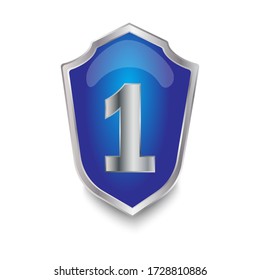 One icon of a shield with a number 1. Safety certificate. Vector illustration of a protection and victory element icon. Blue shield on a white background. Stock Photo.