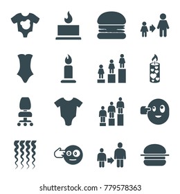 One icons. set of 16 editable filled one icons such as baby onesie, candle, swimsuit, ranking, son and father, burger, head bang emot, curly hair