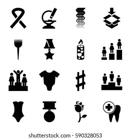 one icons set. Set of 16 one filled icons such as baby onesie, barber brush, curly hair, swimsuit, ranking, box, rose, candle, microscope, dental care, musical sharp, ribbon