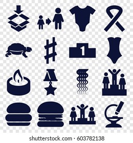 One icons set. set of 16 one filled icons such as turtle, baby onesie, curly hair, swimsuit, ranking, son and father, box, microscope, musical sharp, candle, ribbon, medal
