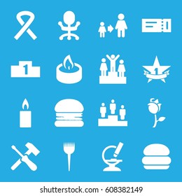 One icons set. set of 16 one filled icons such as ticket, barber brush, son and father, rose, microscope, candle, ribbon, ranking, 1st place star, burger, office chair