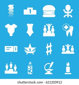 One icons set. set of 16 one filled icons such as ticket, baby onesie, curly hair, candle, swimsuit, ranking, microscope, dental care, musical sharp, 1st place star, burger