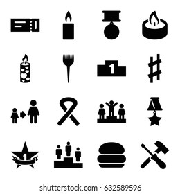One icons set. set of 16 one filled icons such as ticket, barber brush, ranking, son and father, candle, musical sharp, ribbon, 1st place star, medal, burger
