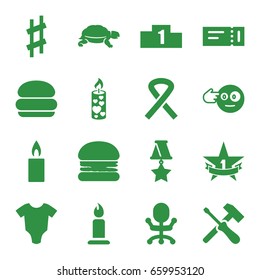 One icons set. set of 16 one filled icons such as turtle, ticket, baby onesie, candle, head bang emot, musical sharp, ribbon, 1st place star, medal, ranking, burger