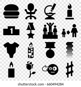 One icons set. set of 16 one filled icons such as baby onesie, curly hair, candle, son and father, head bang emot, rose, microscope, musical sharp, medal, ranking