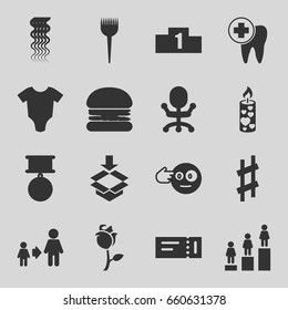 One icons set. set of 16 one filled icons such as ticket, baby onesie, barber brush, curly hair, ranking, son and father, head bang emot, box, rose, candle, dental care