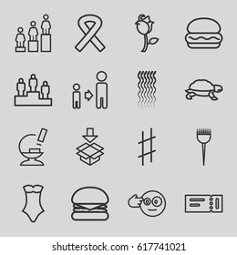 One icons set. set of 16 one outline icons such as ticket, turtle, barber brush, curly hair, swimsuit, ranking, son and father, box, rose, microscope, musical sharp, ribbon