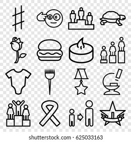 One icons set. set of 16 one outline icons such as turtle, baby onesie, barber brush, ranking, son and father, rose, microscope, musical sharp, candle, ribbon, medal