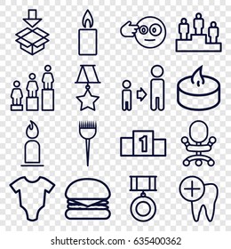 One icons set. set of 16 one outline icons such as baby onesie, barber brush, candle, ranking, son and father, box, dental care, medal, head bang emot, burger