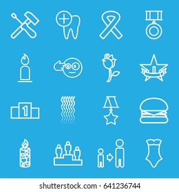 One icons set. set of 16 one outline icons such as curly hair, candle, swimsuit, son and father, rose, dental care, ribbon, medal, ranking, 1st place star, head bang emot