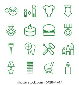 One icons set. set of 16 one outline icons such as baby onesie, barber brush, curly hair, swimsuit, ranking, son and father, box, microscope, dental care, candle, medal