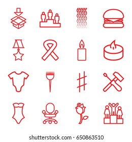 One icons set. set of 16 one outline icons such as baby onesie, barber brush, curly hair, swimsuit, box, rose, musical sharp, candle, ribbon, medal, ranking, burger