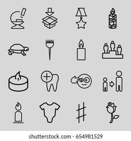 One icons set. set of 16 one outline icons such as turtle, baby onesie, barber brush, candle, son and father, box, rose, microscope, dental care, musical sharp, medal, ranking