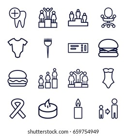 One icons set. set of 16 one outline icons such as ticket, baby onesie, barber brush, swimsuit, ranking, son and father, dental care, candle, ribbon, burger