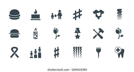 One icons. set of 18 editable filled one icons: curly hair, ranking, son and father, rose, candle, dental care, musical sharp, screwdriver, ribbon, medal, baby onesie