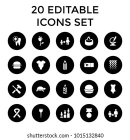 One icons. set of 20 editable filled one icons such as turtle, baby onesie, barber brush, ranking, son and father, rose, candle. best quality one elements in trendy style.