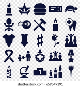 One icons set. set of 25 one filled icons such as turtle, ticket, baby onesie, barber brush, candle, swimsuit, ranking, son and father, head bang emot, box, rose, microscope