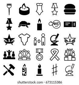 One icons set. set of 25 one filled and outline icons such as turtle, ticket, candle, ranking, microscope, 1st place star, medal, baby onesie, barber brush, swimsuit