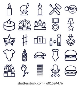one icons set. Set of 25 one outline icons such as turtle, baby onesie, curly hair, candle, swimsuit, ranking, son and father, box, rose, microscope, medal