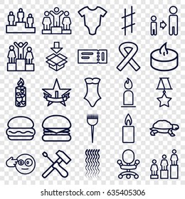 One icons set. set of 25 one outline icons such as ticket, turtle, baby onesie, barber brush, curly hair, candle, swimsuit, ranking, son and father, box, musical sharp, ribbon