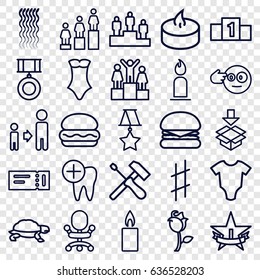 One icons set. set of 25 one outline icons such as ticket, turtle, baby onesie, curly hair, candle, swimsuit, ranking, son and father, box, rose, dental care, musical sharp