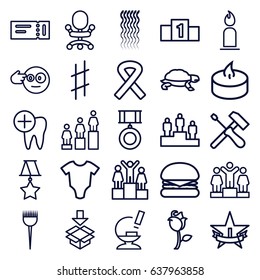 One icons set. set of 25 one outline icons such as ticket, turtle, baby onesie, barber brush, curly hair, candle, ranking, box, rose, microscope, dental care, musical sharp