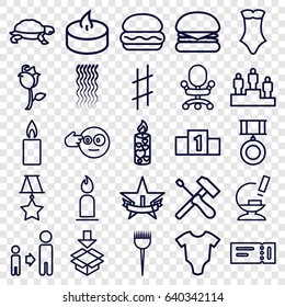 One icons set. set of 25 one outline icons such as ticket, turtle, baby onesie, barber brush, curly hair, candle, swimsuit, son and father, box, rose, microscope