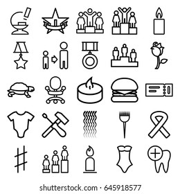 One icons set. set of 25 one outline icons such as ticket, turtle, baby onesie, barber brush, curly hair, candle, swimsuit, ranking, son and father, rose, microscope