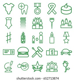 One icons set. set of 25 one outline icons such as ticket, turtle, baby onesie, barber brush, curly hair, swimsuit, ranking, son and father, rose, candle, microscope