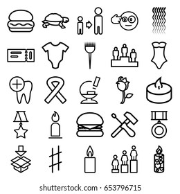 One icons set. set of 25 one outline icons such as ticket, turtle, baby onesie, barber brush, curly hair, candle, swimsuit, ranking, son and father, box, rose, microscope