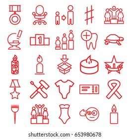 One icons set. set of 25 one outline icons such as ticket, turtle, baby onesie, barber brush, candle, swimsuit, ranking, son and father, box, microscope, dental care