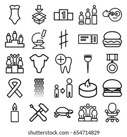 One icons set. set of 25 one outline icons such as ticket, turtle, baby onesie, barber brush, curly hair, swimsuit, ranking, son and father, box, microscope, dental care