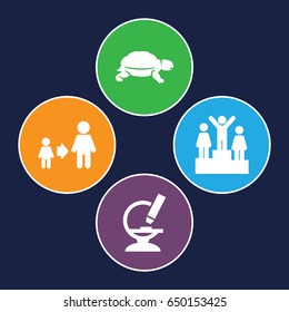 One icons set. set of 4 one filled icons such as turtle, son and father, microscope