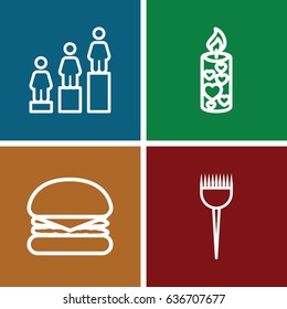 One icons set. set of 4 one outline icons such as barber brush, ranking, candle