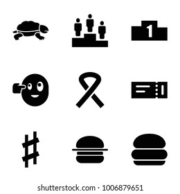 One icons. set of 9 editable filled one icons such as ticket, burger, musical sharp, ribbon, ranking, turtle