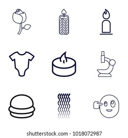 One icons. set of 9 editable outline one icons such as baby onesie, curly hair, candle, burger, head bang emot, rose