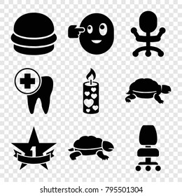 One icons. set of 9 editable filled one icons such as turtle, office chair, candle, dental care, 1st place star, burger