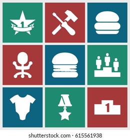 One icons set. set of 9 one filled icons such as baby onesie, ranking, 1st place star, medal, burger, office chair