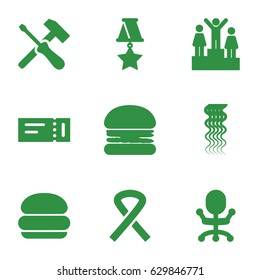 One icons set. set of 9 one filled icons such as ticket, curly hair, ribbon, medal, ranking, burger, office chair