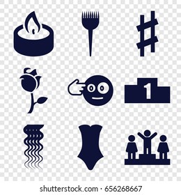 One icons set. set of 9 one filled icons such as barber brush, curly hair, swimsuit, ranking, head bang emot, rose, musical sharp
