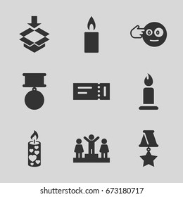 One icons set. set of 9 one filled icons such as ticket, candle, ranking, head bang, box