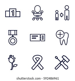 one icons set. Set of 9 one outline icons such as ticket, son and father, rose, dental care, ribbon, medal, office chair, ranking