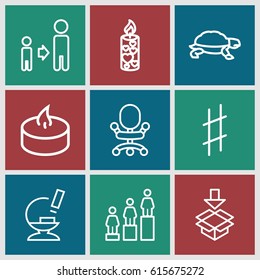 One icons set. set of 9 one outline icons such as turtle, ranking, son and father, box, candle, microscope, musical sharp