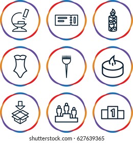 One icons set. set of 9 one outline icons such as ticket, barber brush, swimsuit, box, candle, microscope