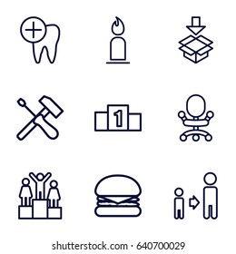 One icons set. set of 9 one outline icons such as candle, son and father, box, dental care, burger, office chair, ranking